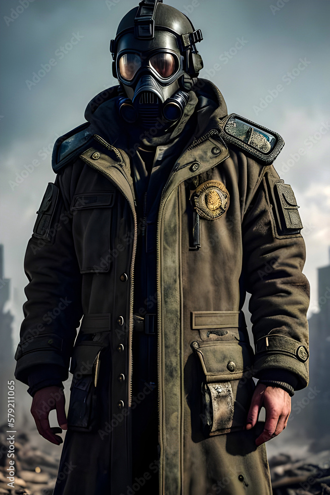 Man,post-apocalyptic, art station, Scavenger, Military Coat, gasmask . Ai generative Man,post-apocalyptic, art station, Scavenger, Military Coat, gasmask . Ai generative