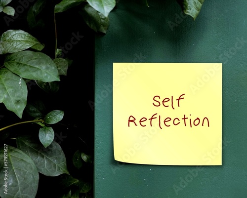 Stick note on green nature background with handwriting SELF REFLECTION, mental process use to grow understanding of who you are, what your values are, and why you think, feel and act the way you do
