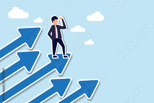 Company success moving forward, challenge or growth to progress, ambition or motivation for improvement concept, confidence businessman standing on growing arrows pointing up in the sky next target.