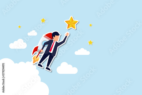 Successful start up  fast growth of new innovative business company  entrepreneurship concept. Confident business appearing at opening rocket window to grap bright star. Paper Cut Style