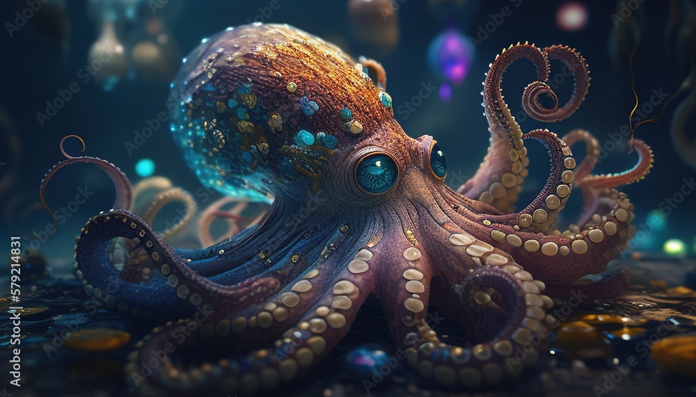 cunning octopus digital art illustration, Generative AI cunning octopus digital art illustration, Generative AI