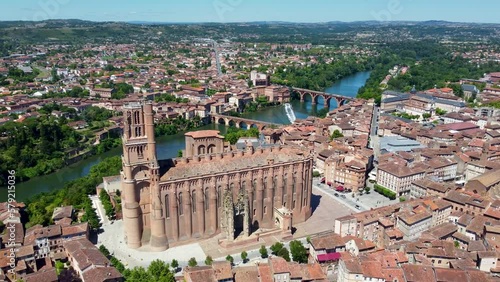 Aerial 4K footage of the city of Albi, a commune in southern France which is is the prefecture of the Tarn department, on the river Tarn, 85 km northeast of Toulouse