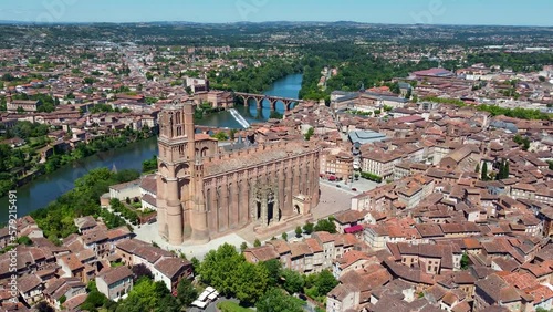 Aerial 4K footage of the city of Albi, a commune in southern France which is is the prefecture of the Tarn department, on the river Tarn, 85 km northeast of Toulouse