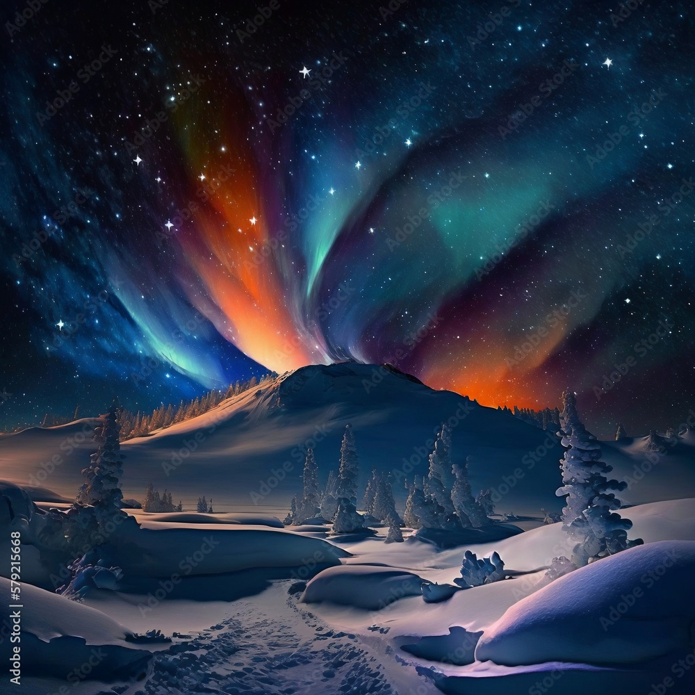 Fototapeta premium Aurora landscape with snow