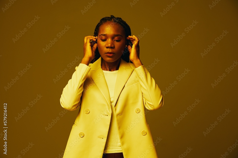 Woman african american business smile dancing party in neon light, color mixed light, bright coloring. Woman african american business smile dancing party in neon light, color mixed light, bright coloring.