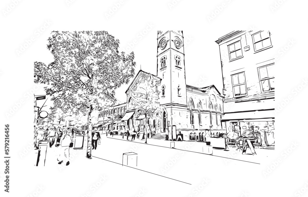 Building view with landmark of Preston is the 
city in England. Hand drawn sketch illustration in vector.