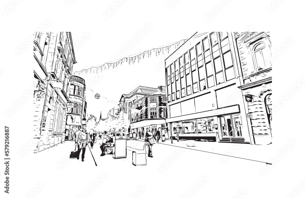 Building view with landmark of Preston is the 
city in England. Hand drawn sketch illustration in vector.