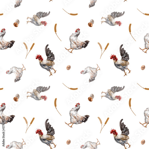 Seamless hand drawn pattern with chicken and rooster. Flower background for textiles  fabrics  banner  wrapping paper and other designs. Digital illustration on white background