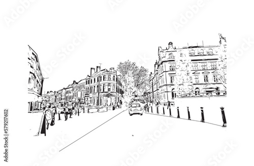 Building view with landmark of Preston is the city in England. Hand drawn sketch illustration in vector.