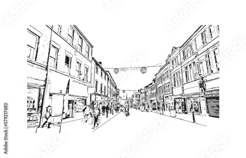 Building view with landmark of Preston is the  city in England. Hand drawn sketch illustration in vector.