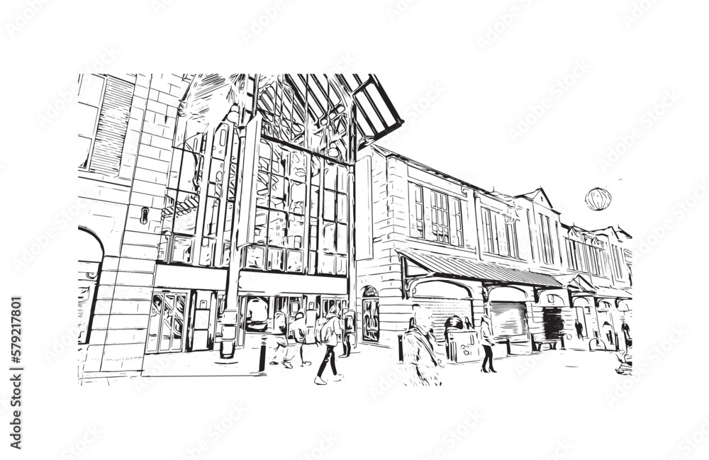 Building view with landmark of Preston is the 
city in England. Hand drawn sketch illustration in vector.