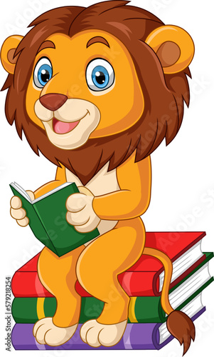 Cartoon lion reading a book
