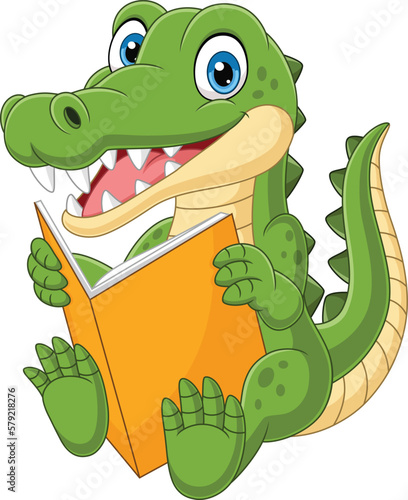 Cartoon crocodile reading a book