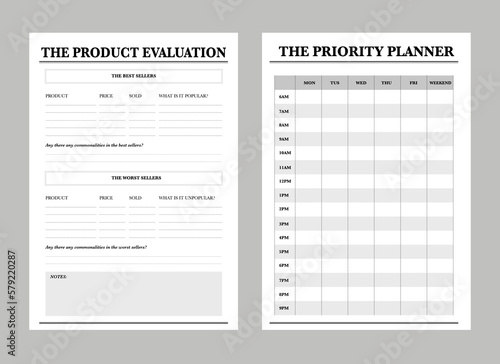 Simple style Product evaluation and priority planner. Minimalist planner template set. Vector illustration.