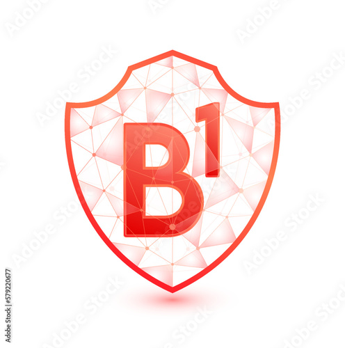 Vitamin B1 shield polygonal translucent red. Low poly triangle modern futuristic protection. Boost your immunity. Vector isolated on white background. Medical health immune innovation concept.
