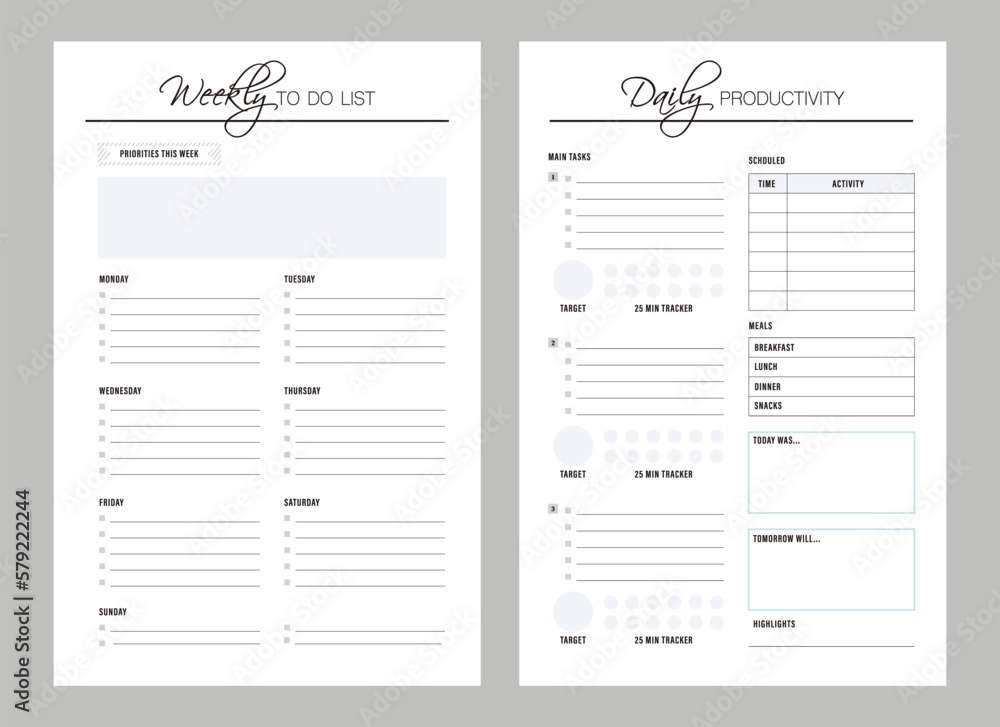 2 set of weekly and Daily planner template. Minimalist planner template set. Vector illustration. 2 set of weekly and Daily planner template. Minimalist planner template set. Vector illustration.