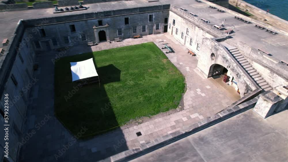 Drone shot around the inside of the Castillo De San Marcos, in sunny St. Augustine, Florida, USA Drone shot around the inside of the Castillo De San Marcos, in sunny St. Augustine, Florida, USA