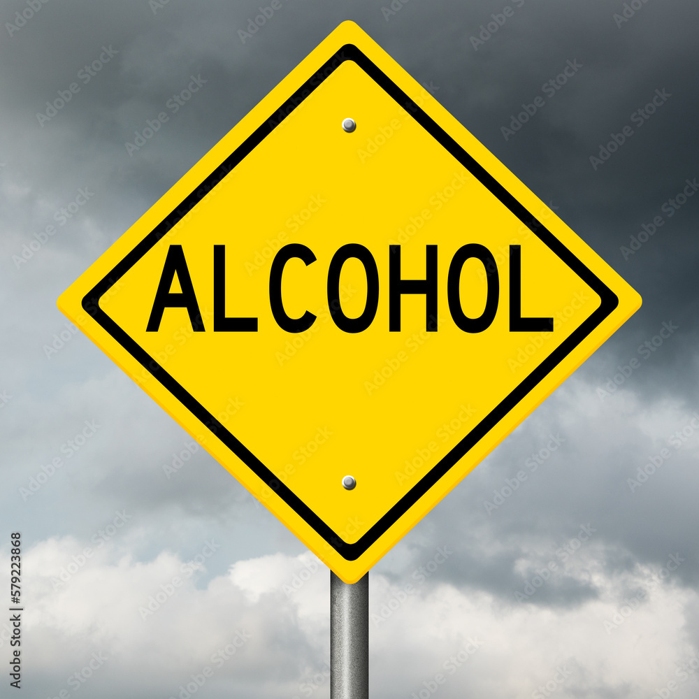 Diamond-shaped yellow highway sign with substance abuse warning
