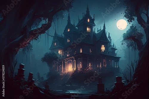 une maison hantée ou manoir sombre de nuit ambiance horreur, lune et mystère photo