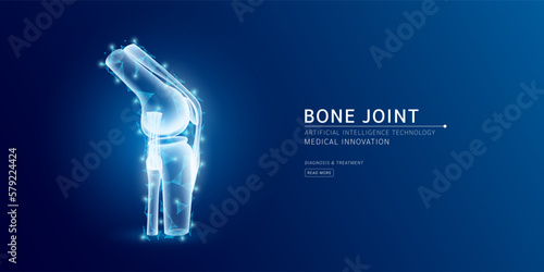 Website template. Human bone joint anatomy translucent low poly triangles. Futuristic glowing organ hologram on dark blue background. Medical innovation diagnosis treatment concept. Banner vector.