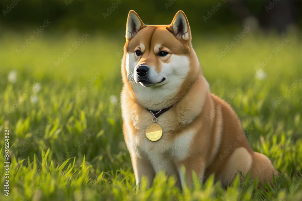 Shiba Inu with golden medal or golden coin