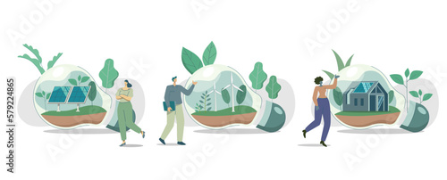 Set of Eco friendly alternative ecological and clean green energy from renewable sources concept, solar panel, 
Wind turbine, Modern ecology house in the light bulb, Vector design illustration.
