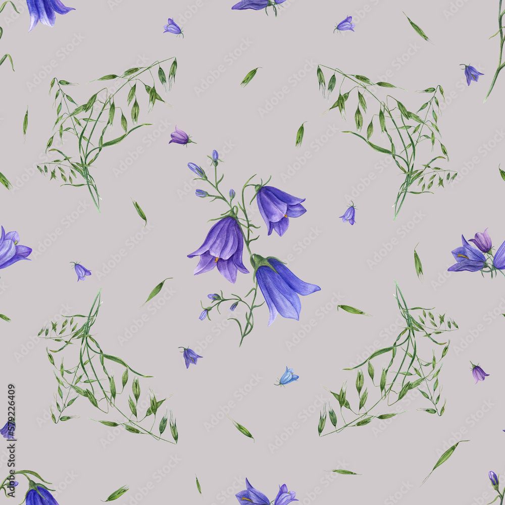 Watercolor seamless pattern of bluebells, wild oats isolated on colored background. Hand drawn painting for greeting card design, background, prints, wallpaper, fabric, textile, wrapping.