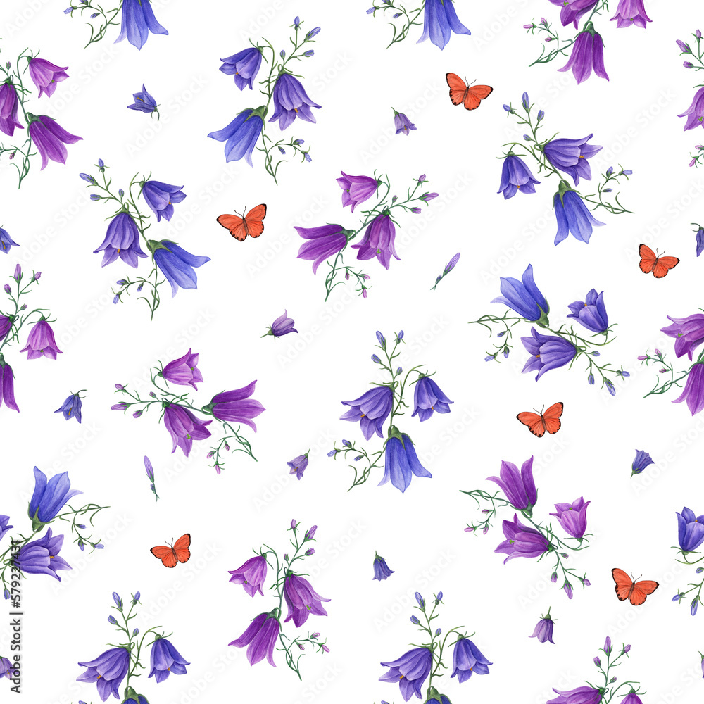 Floral seamless pattern of bluebells, wild oats, flying butterflies. Watercolor hand drawn illustration for poster, scrapbooking, invitations, prints, wallpaper, fabric, textile, wrapping.
