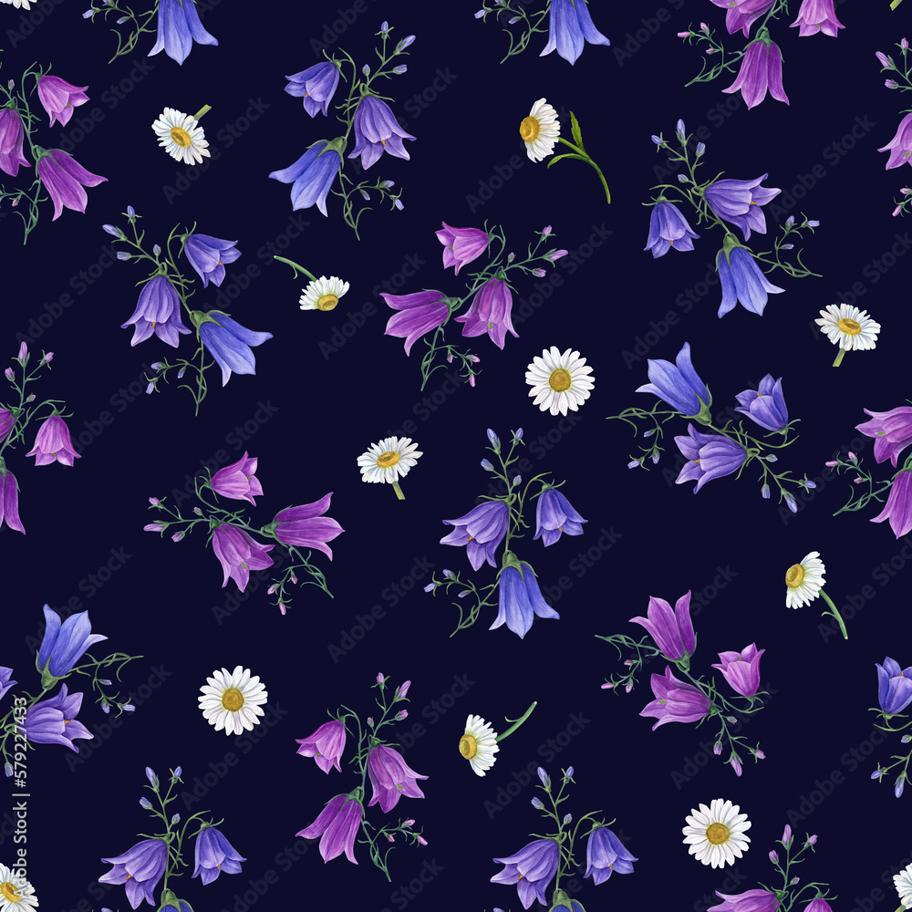 Watercolor seamless pattern of bluebells, daisy isolated on dark background. For postcard, poster, scrapbooking, invitations, background, prints, wallpaper, fabric, textile, wrapping.