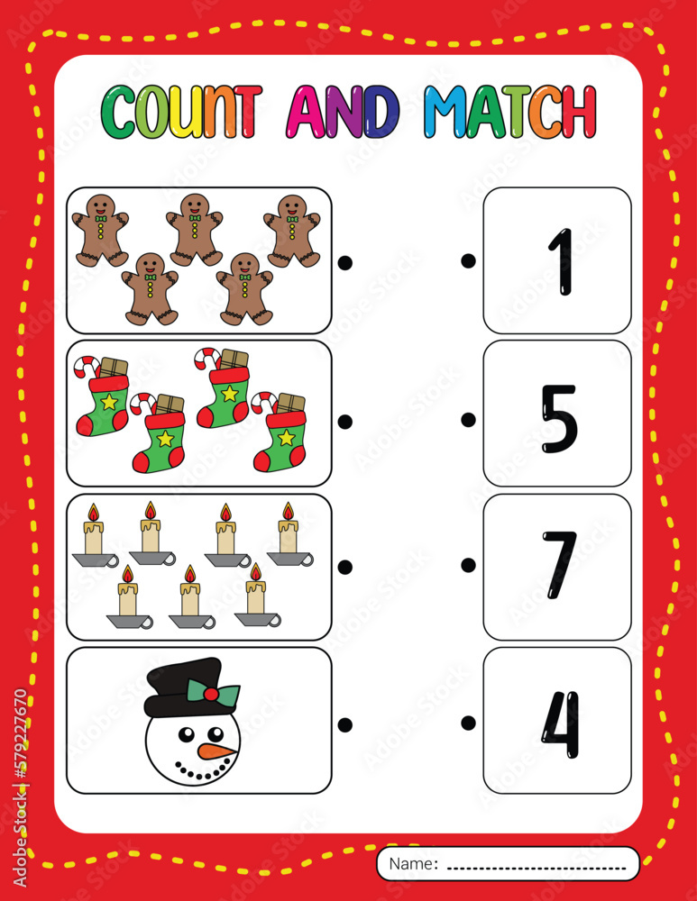 Fototapeta premium Count and match worksheet. Christmas game activity book for kids. 
