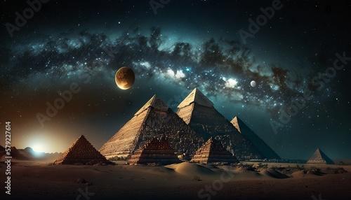 The Great Pyramids of Giza and the Moon in the night sky. Generative AI