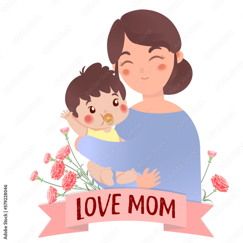 Illustration of mother holding baby with carnations in background and banner with text LOVE MOM in front Illustration of mother holding baby with carnations in background and banner with text LOVE MOM in front