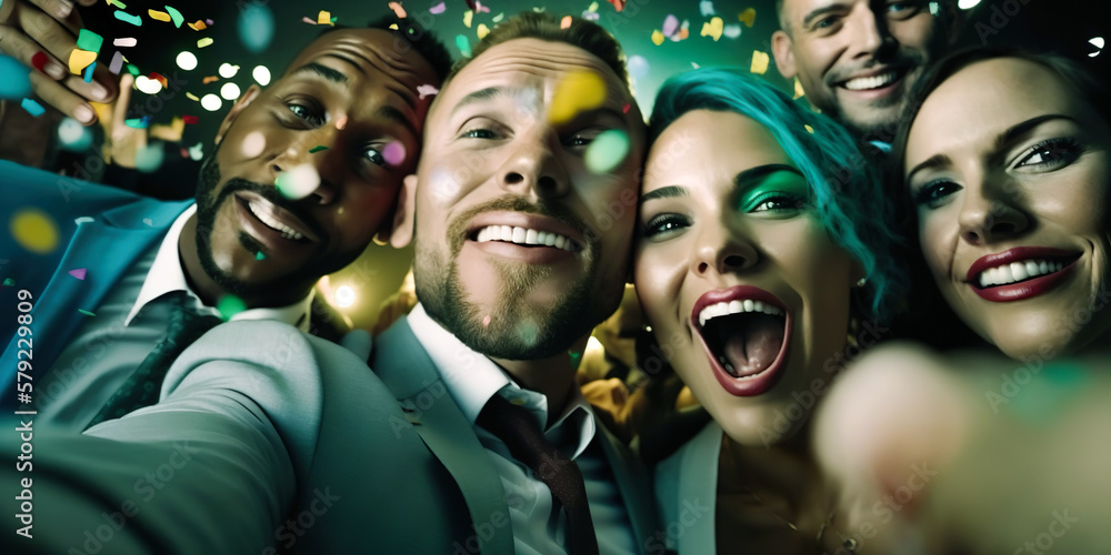 Group of young business team showing happy mood in night party celebration or birthday event .people taking selfie with extreme motional in night club.generative ai technology Group of young business team showing happy mood in night party celebration or birthday event .people taking selfie with extreme motional in night club.generative ai technology