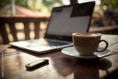 Capture the essence of a café scene with this image of a laptop resting on a table alongside a cup of coffee, set against a blurred background