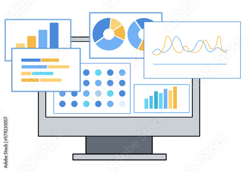 Flat design data analytics business and finance chart. marketing planning on computer. data visualization and dashboard concept