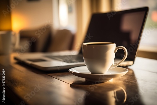 Capture the essence of a café scene with this image of a laptop resting on a table alongside a cup of coffee, set against a blurred background