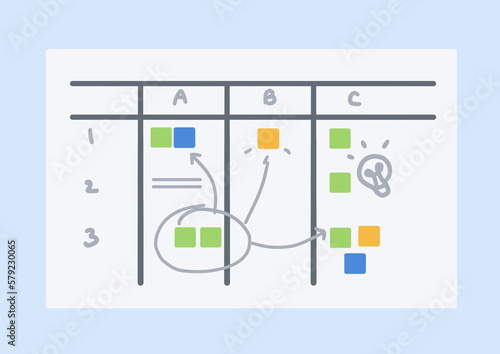 Flat design team meeting board for marketing planning with sticky note or post it.challenge team and share the work concept.