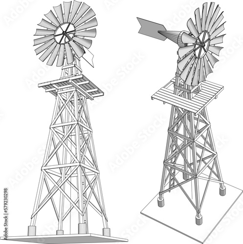 Vector sketch illustration of waterwheel tower for irrigation