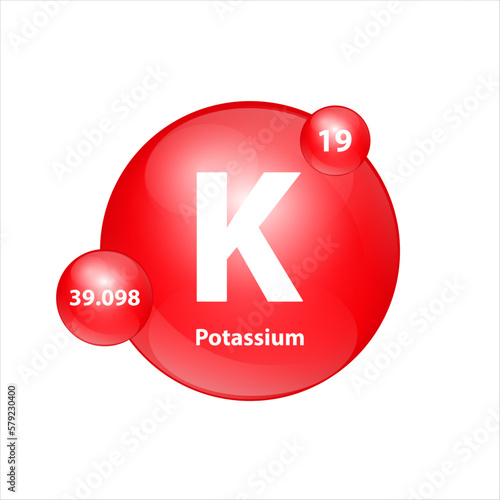 Potassium, Kalium (K) icon structure chemical element round shape circle red easily. Chemical element of periodic table Sign with atomic number. Study in science for education. 3D Illustration vector.