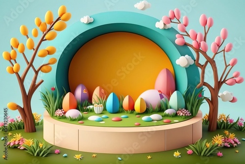Happy easter day, 3d Easter eggs podium with geometry platform for product display. Stage showcase on pedestal display studio. Generative AI.