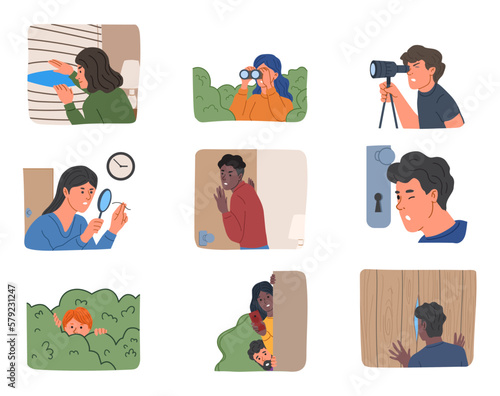 Set of spying people. Men and women hiding in bushes or behind wall, observing through binoculars, sneaking around or peeping at someone. Cartoon flat vector collection isolated on white background