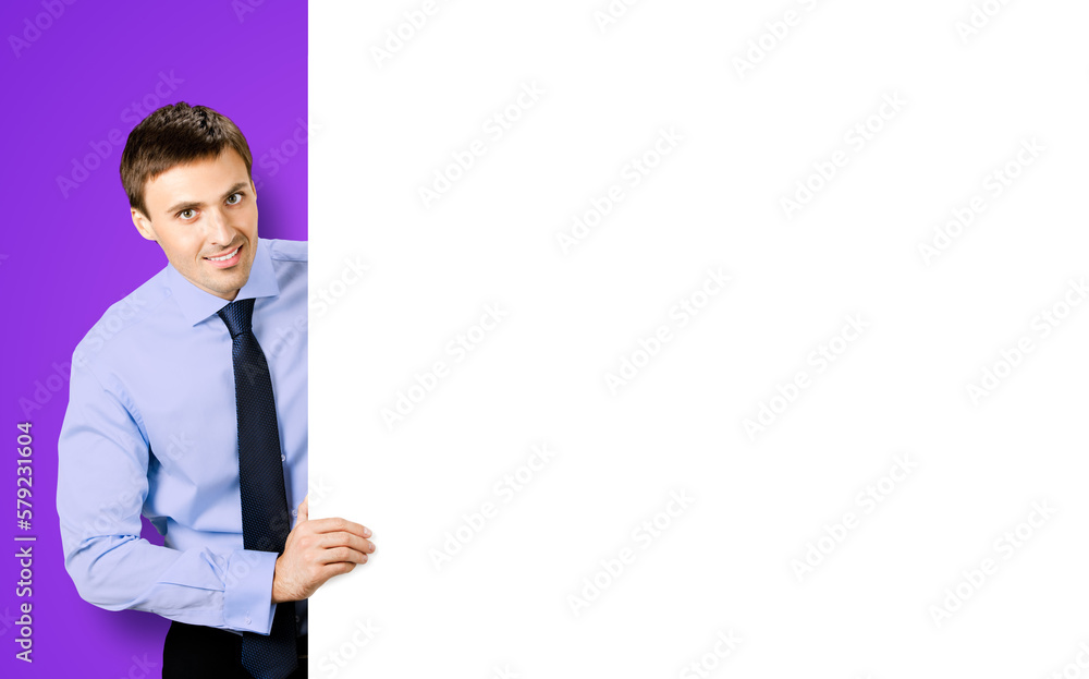 Portrait image of business man professional bank manager in confident cloth, necktie stand behind show empty white banner signboard billboard with copy space area. Isolated on violet purple. Portrait image of business man professional bank manager in confident cloth, necktie stand behind show empty white banner signboard billboard with copy space area. Isolated on violet purple.