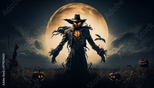 Fotografia Pumpkin-headed scarecrow in the spooky cornfield under the full moon