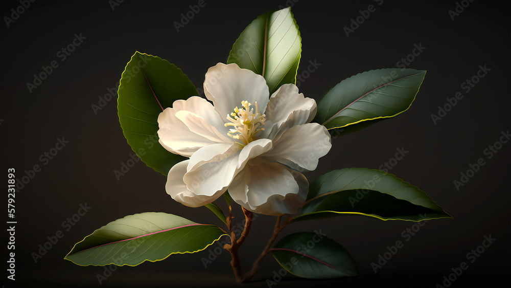 Obraz premium Beautiful blooming camellia flower, digital illustration, generated by AI