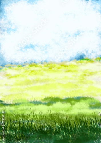 Green meadow and blue sky with white clouds, watercolor illustration