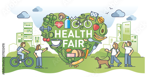 Community health fair as social campaign for body wellness outline concept. Health awareness with dietary eating and sport activities for vitality vector illustration. Exercise for heart welfare.