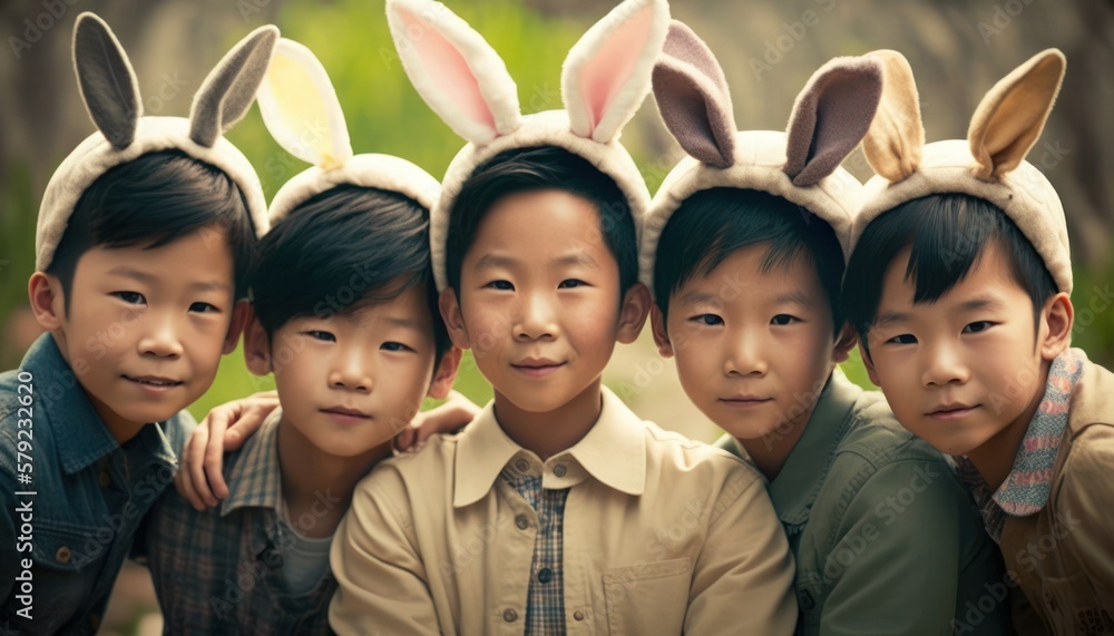 Easter Joy Asian Kids Boys Dressed Up Bunny Ears Smiling Celebrating Holiday with Joy, Happiness generative AI