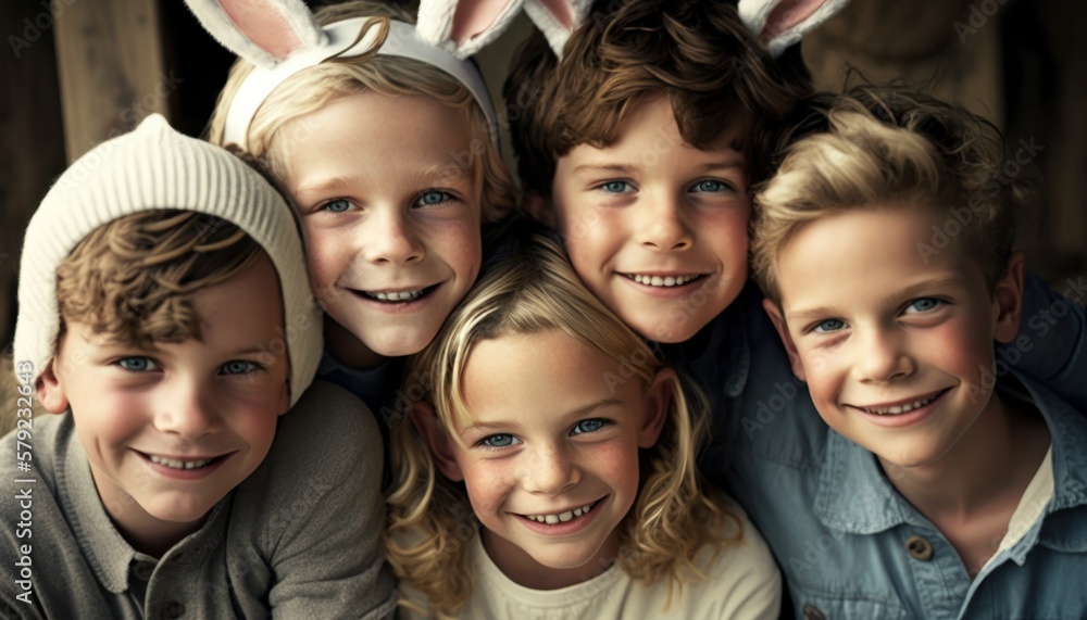Easter Joy Caucasian White Kids Boys and Girls Dressed Up Bunny Ears Smiling Celebrating Holiday with Joy, Happiness generative AI