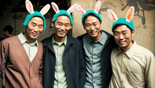 Easter Joy Asian Men Dressed Up Bunny Ears Smiling Celebrating Holiday with Joy, Happiness generative AI