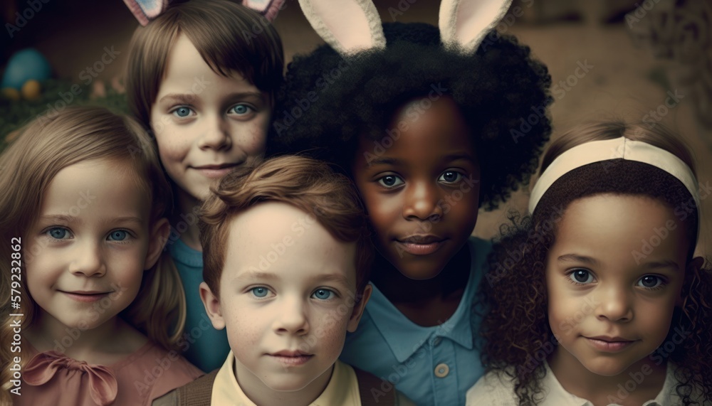 Easter Joy Multiracial Kids Boys and Girls Dressed Up Bunny Ears Smiling Celebrating Holiday with Joy, Happiness generative AI